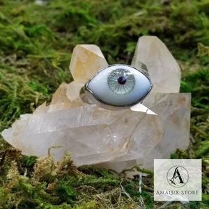 Silver, green Evil Eye Ring
